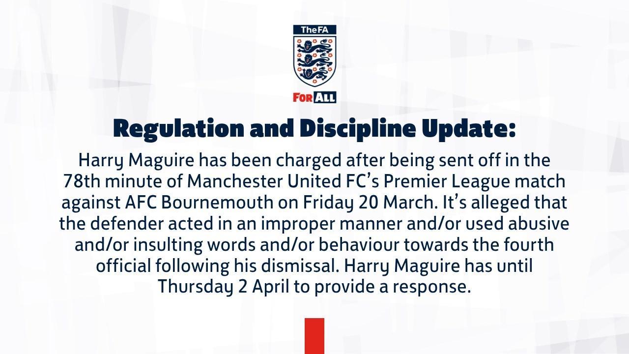 九游入口-官方：因对阵樱桃染红后对四官行为不当，马奎尔被英足总指控